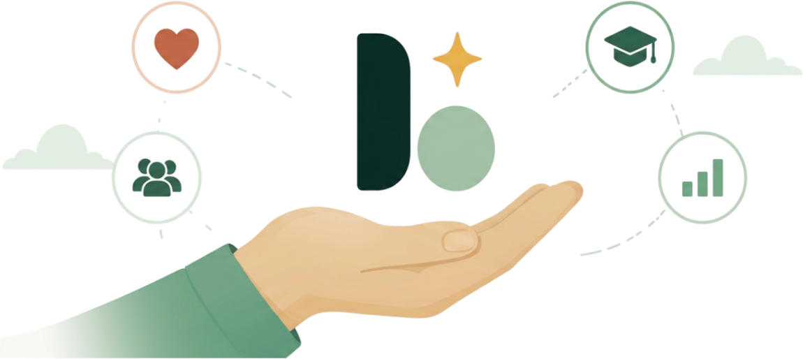 An open hand holding the Exploraise mark, surrounded by icons for people, care, learning and growth